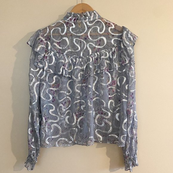LoveShackFancy Erica Metallic Ruffled Silk Top in Silver Lake Blue Size Small - Picture 9 of 14